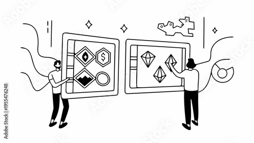 Two people hold separate digital screens displaying abstract shapes and valuable assets.