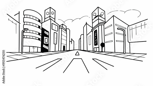 A dramatic, high-angle, one-point perspective drawing depicts a wide city street lined with modern.