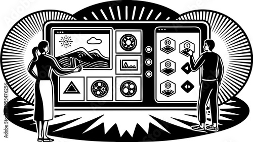 Two users interact with a large digital interface displaying various icons and image previews.