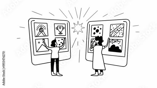 Two people compare visual content displayed on large, glowing screens during a collaborative review.
