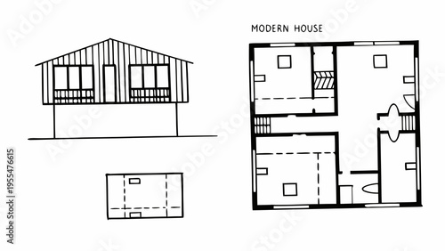 Architectural blueprints display elevation and floor plans for a modern elevated house structure.