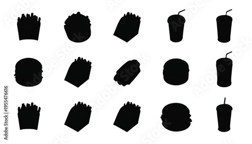 Fast food item silhouettes, including burgers, french fries, and soda drinks, are neatly arranged in a clean.