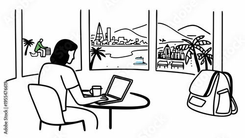 Woman works remotely on a laptop near a window overlooking a sunny coastal city view.