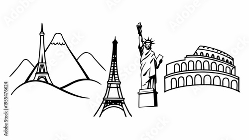 Minimalist black line art displays famous world monuments like mountains and the Colosseum structure.