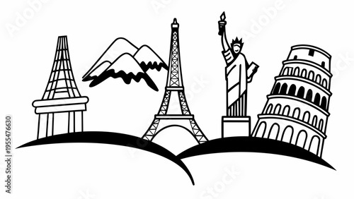 Black and white travel landmarks collage includes the Eiffel Tower and Statue of Liberty.