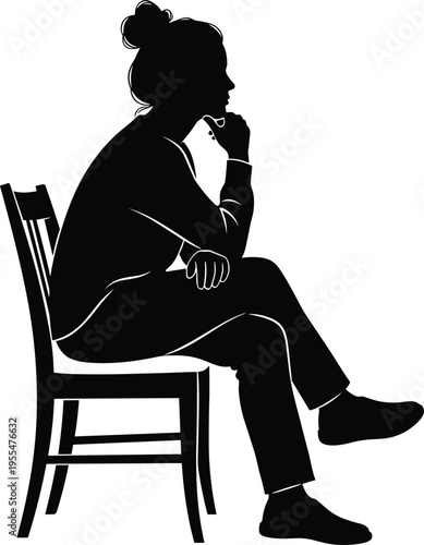 Seated person silhouette, thoughtful pose, wooden chair, casual attire, contemplation icon, introspective figure, black and white illustration