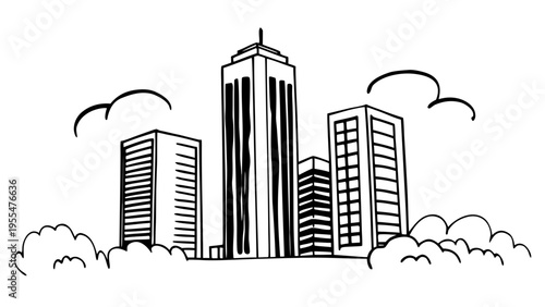 A collection of modern, tall skyscrapers are outlined against a bright sky with fluffy white clouds.