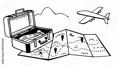 Open luggage sits beside a detailed map marked with location pins indicating a planned itinerary for.