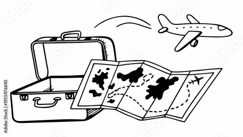 Open suitcase and unfolded map with airplane suggest planning a global journey or vacation adventure.