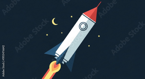 Rocket ship blasting off into space with flames and stars in the background at night