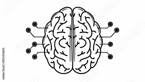 Overhead view of a stylized human brain connected to electronic circuit points representing artificial.