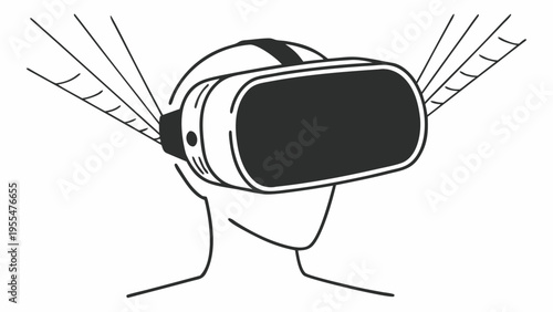 Close-up view of a person wearing a simplified virtual reality headset showing light bursts emanating.