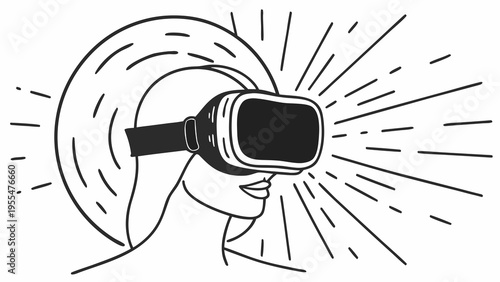 Woman wearing a virtual reality headset experiences an immersive digital environment with radiating.