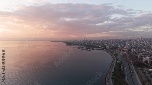 Aerial View of Istanbul Coastline at Sunset with City Skyline and Sea