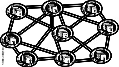 Interconnected system nodes display stacks of documents representing large volume data storage within a.