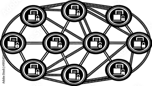 Decentralized network structure shows multiple locked computers symbolizing secure digital blockchain.