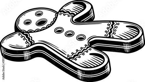 Monochrome vector graphic shows a single gingerbread cookie isolated on a plain white background.