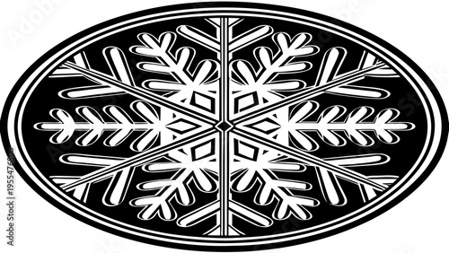 Detailed black and white vector graphic displays a complex six-pointed ice crystal pattern inside an.