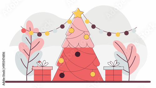 Stylized pink Christmas tree adorned with string lights and presents sits between muted foliage.