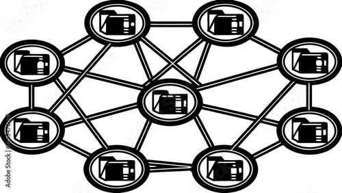 Decentralized network diagram connects multiple digital folder icons across a complex web structure.