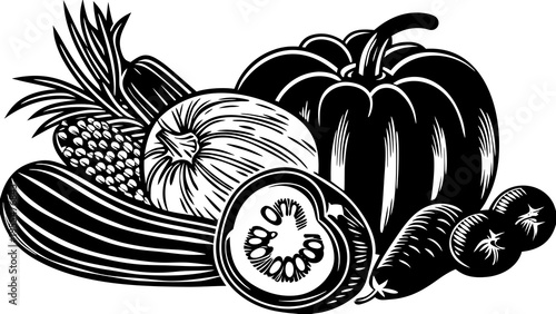 Assortment of fresh garden vegetables including squash, corn, and cucumber displayed in monochrome.
