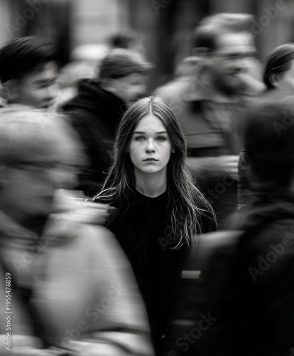 Girl stands still in a bustling city crowd