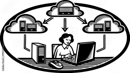 Woman interacts with cloud computing network servers via laptop in stylized business illustration.