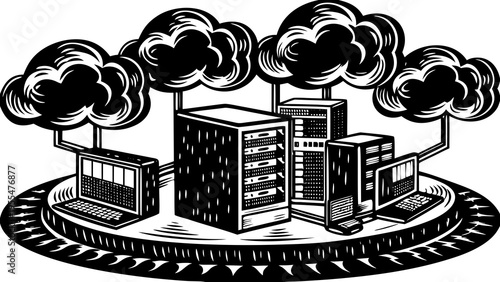 Server racks and connected laptops communicate under stylized, heavy-lined clouds representing digital.