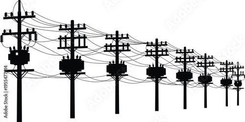 Silhouette Collection of Electric Utility Poles with Transformers and Power Lines for Energy Infrastructure Maintenance and Industrial Power Supply Vector