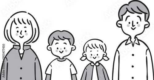 若い夫婦と子どものイラスト　上半身　ベクター（モノクロ）