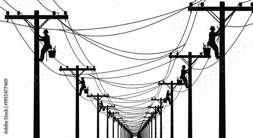Silhouette of utility workers climbing poles, electrical maintenance, teamwork safety, energy infrastructure, electricity distribution, industrial technology, power lines, repair illustration