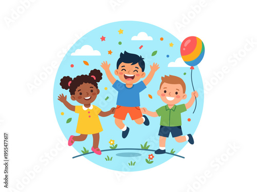 Children jump happily outdoors with a ball on a sunny day with friends