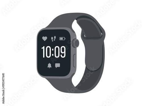 A smartwatch displays the time on its screen with a band around it