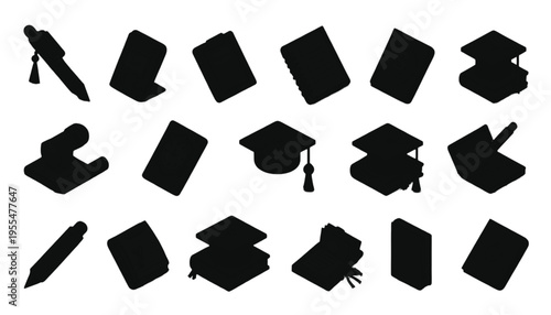 Group of black graduation caps and educational supplies like pens and notebooks are shown in isometric view.