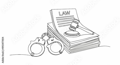 Handcuffs and law books with judge's gavel on top symbolizing justice and legal system