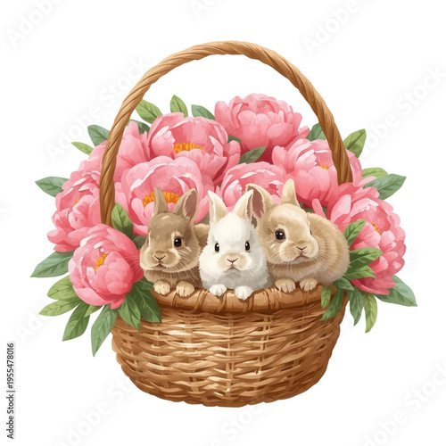 Cute watercolor bunnies sitting in a wicker basket filled with pink peonies and green leaves, perfect for Easter and spring design
