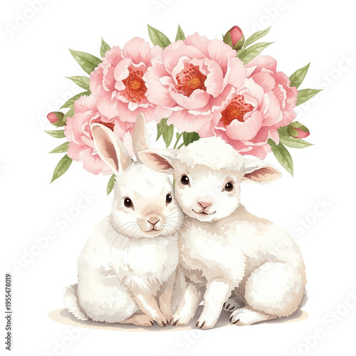 Cute watercolor bunny and lamb sitting together with pink peony flowers, perfect for Easter, nursery art, and spring floral design