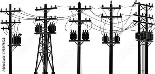 Utility poles with transformers silhouette illustration, electrical infrastructure artwork, power distribution network design concept, black and white vector template set