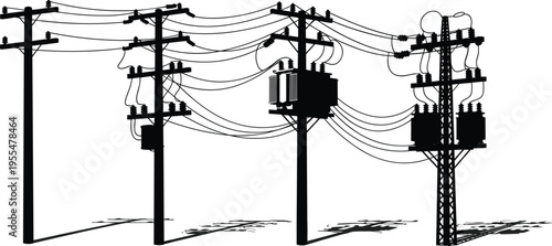 Utility poles with transformers silhouette illustration, electrical infrastructure artwork, power distribution network design concept, black and white vector template set