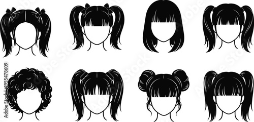 Vector silhouette set of cute girls hairstyles with pigtails, bangs, buns, and curly hair, female hair fashion icons isolated on white
