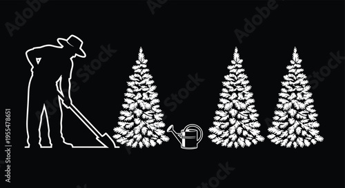 White silhouette of a gardener digging with a shovel near pine trees and a watering can on a black background