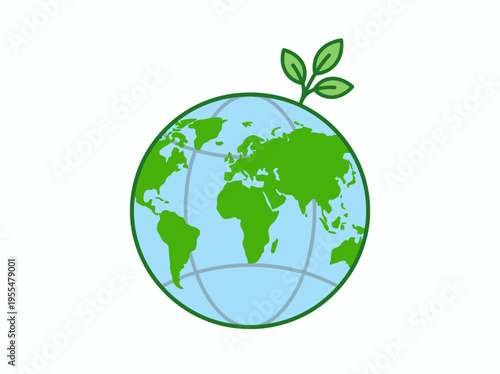 A green globe with a small plant growing out of it represents Earth in a natural environment.