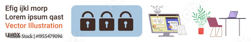 Data security, privacy protection, remote work, technology solutions, digital workspace, online communication. Three padlocks, a computer setup and a workspace illustration. Cybersecurity