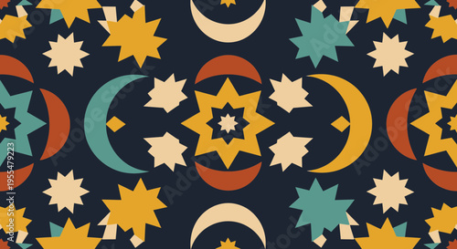 Repeating pattern of stars and crescent moon shapes, ideal for creating celestialthemed designs, backgrounds, textiles, and decorations.