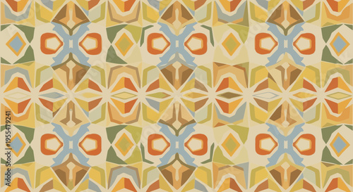 Repeating tile pattern suitable for backgrounds or textiles featuring brown, yellow, and blue shapes. Ideal for interior design projects.