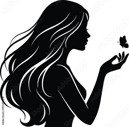 Silhouette of a beautiful woman with long hair holding a butterfly, elegant female profile for beauty and fashion isolated on white