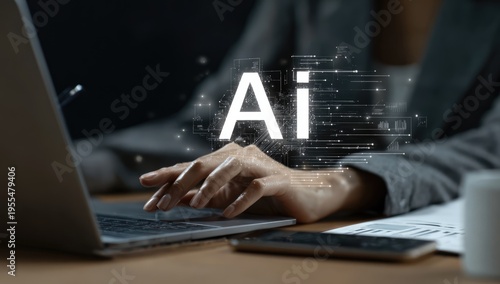 AI integration in business - Woman using laptop with AI overlay.
