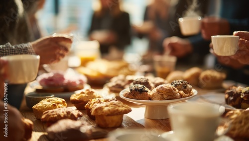 A delightful breakfast gathering with muffins and coffee.