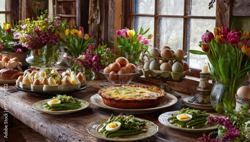 Festive Easter feast - A table laden with spring delicacies and floral arrangements.