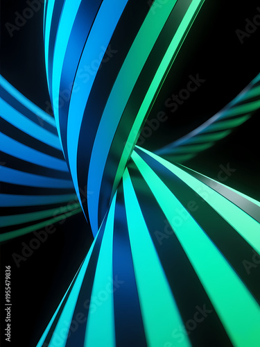 Dramatic ribbons twist and flow in shades of green and blue, set against a deep black backdrop. This mesmerizing display sparks imagination and captivates the viewer attention Generative AI